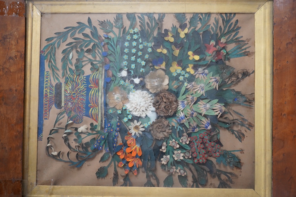 A pair of early Victorian painted cut paper relief still life pictures, maple frames, 28cm high, 22cm wide. Condition - poor frames, one picture fair, the other poor